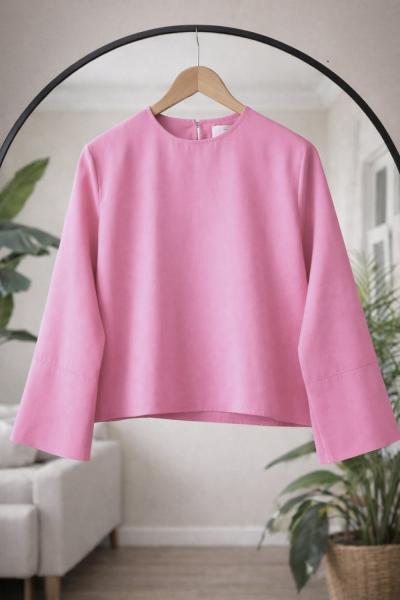 Kuşaklı  İspanyol Kol Kısa Blüz Pembe BK9568