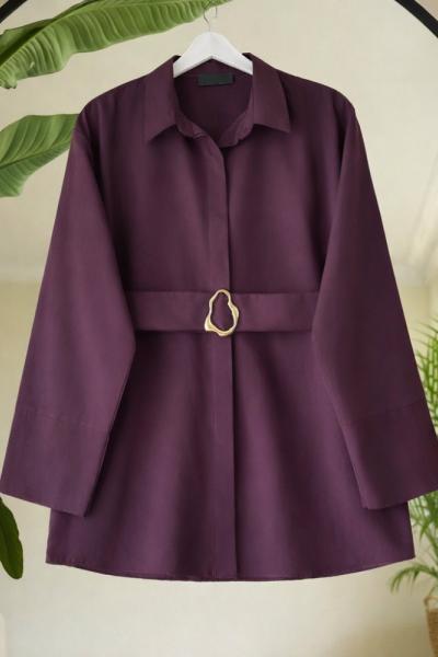 Kuşaklı metal aksesuarlı gömlek Mürdüm SL80107