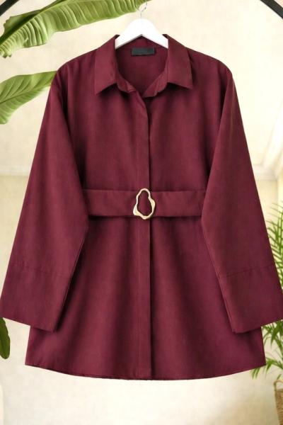 Kuşaklı metal aksesuarlı gömlek Bordo SL80107