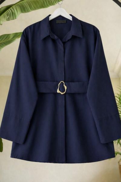 Kuşaklı metal aksesuarlı gömlek lacivert SL80107