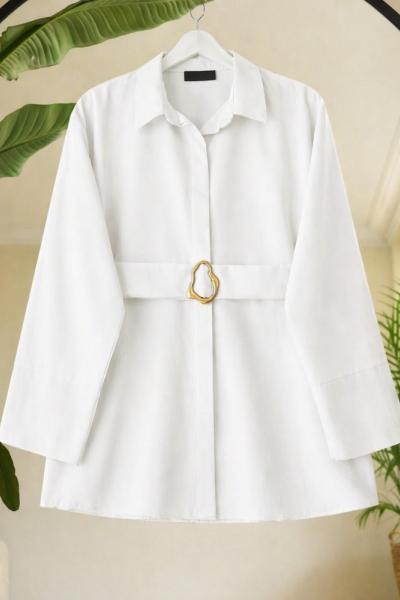 Kuşaklı metal aksesuarlı gömlek Beyaz SL80107