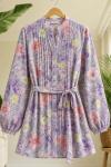 Kuşaklı  çiçek Desenli tunik Lila UMS50363