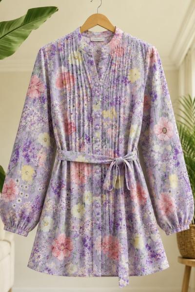 Kuşaklı  çiçek Desenli tunik Lila UMS50363