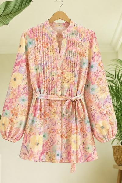 Kuşaklı  çiçek Desenli tunik Pembe UMS50363