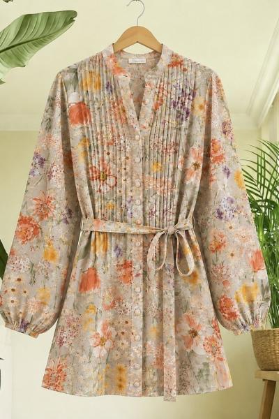 Kuşaklı  çiçek Desenli tunik Bej UMS50363
