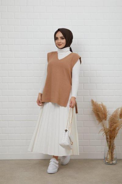 Kuşaklı v yaka süveter Camel NFS14500