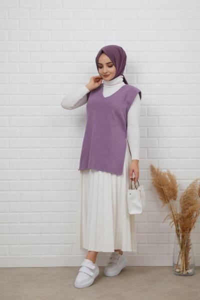 Kuşaklı v yaka süveter Lila NFS14500