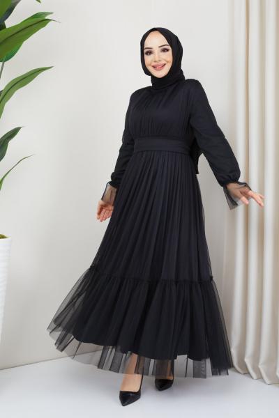 Kuşaklı Tül Elbise Siyah TBT3067