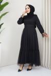 Kuşaklı Tül Elbise Siyah TBT3067