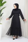 Kuşaklı Tül Elbise Siyah TBT3067