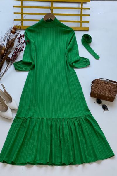 Kuşaklı keten elbise Yeşil  TCN4042