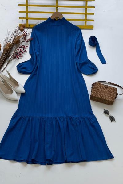 Kuşaklı keten elbise Saks  TCN4042