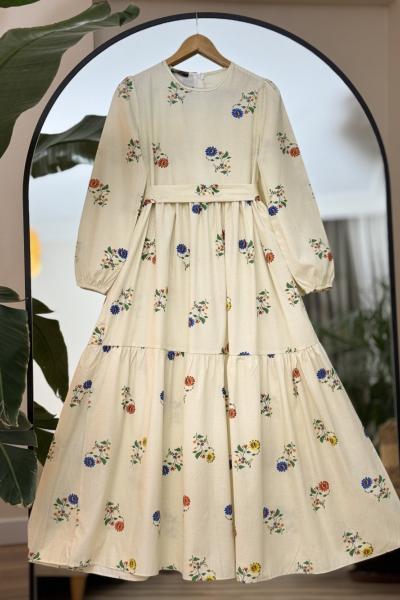 Kuşaklı Terikoton Çiçek Desenli Elbise EKRU UMS50149