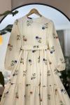 Kuşaklı Terikoton Çiçek Desenli Elbise EKRU UMS50149