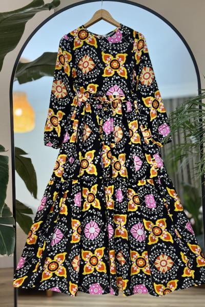 Kuşaklı Viskon Kiloş Elbise Siyah UMS50151