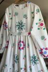 Kuşaklı Terikoton Çiçekli Elbise Ekru UMS50182