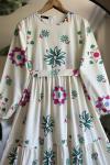 Kuşaklı Terikoton Çiçekli Elbise Ekru UMS50182
