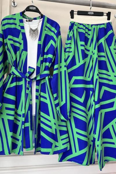 Kuşaklı Desenli Kimona Takım  yeşil UMS50185