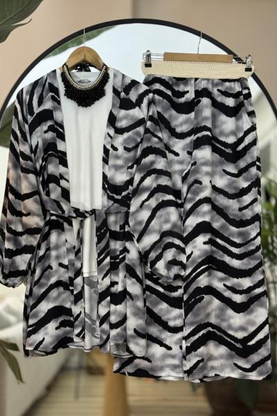 Kuşaklı pantolonlu Kimono Takım Siyah UMS50192