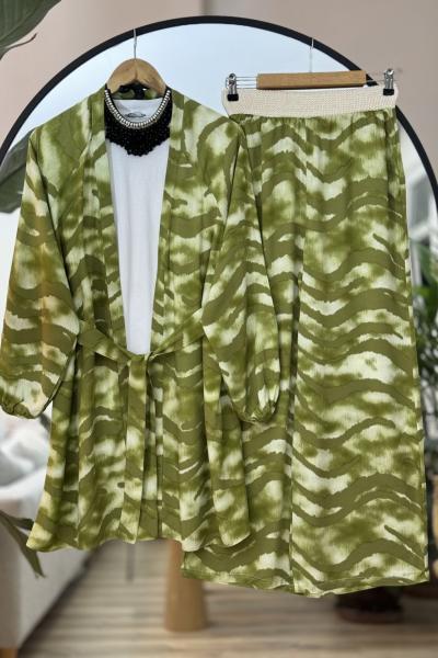 Kuşaklı pantolonlu Kimono Takım Yeşil UMS50192
