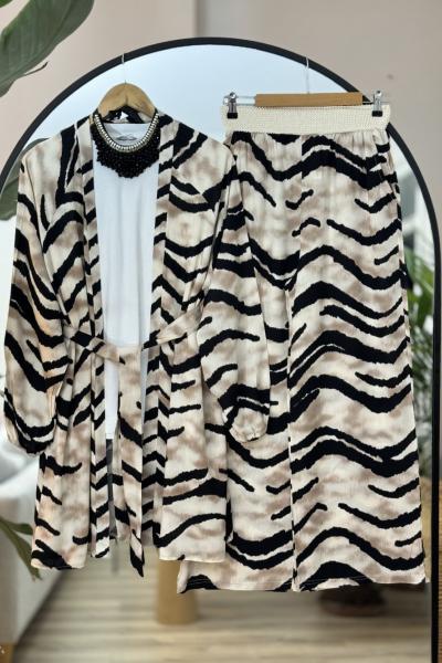 Kuşaklı pantolonlu Kimono Takım Bej UMS50192