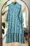 Kuşaklı viskon kumaş Desenli Elbise Petrol SLT 30316