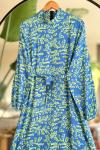 Kuşaklı viskon kumaş Desenli Elbise Petrol SLT 30316