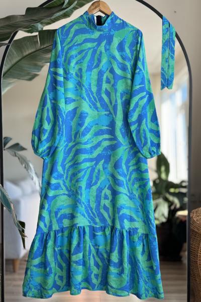 Kuşaklı Etekucu fırfırlı Viskon Elbise Yeşil   SLT30320