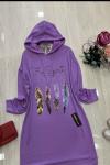 Kuştuyu Baskılı Kapşonlu Tunik Lila  UMS740