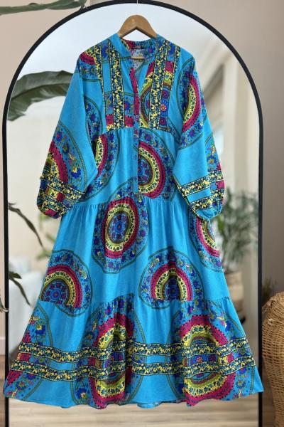 Lasso Yarım Düğmeli Salaş Viskon Elbise Saks UMS50142