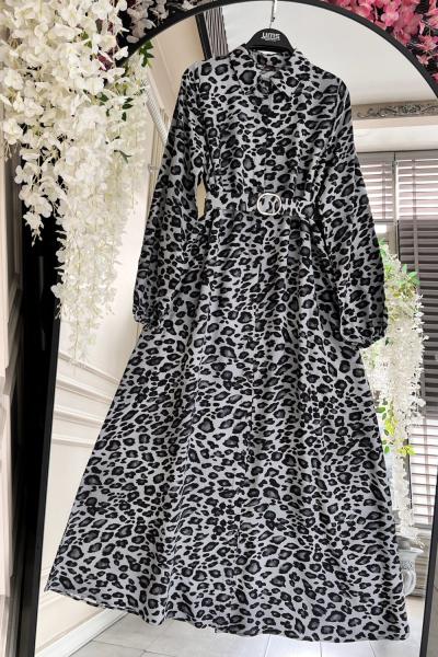 Leopar Desenli kemerli boydan düğmeli Elbise  Gri UMS50256