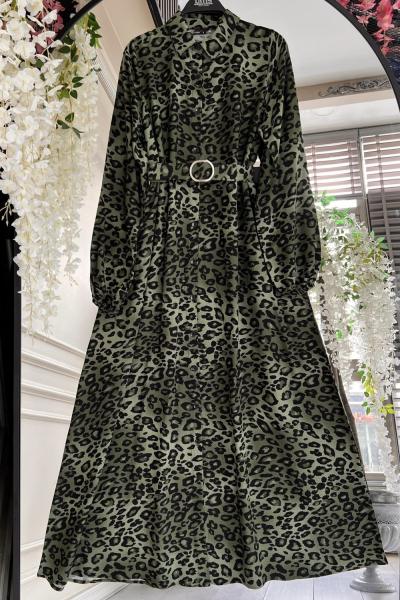 Leopar Desenli kemerli boydan düğmeli Elbise  yeşil UMS50256