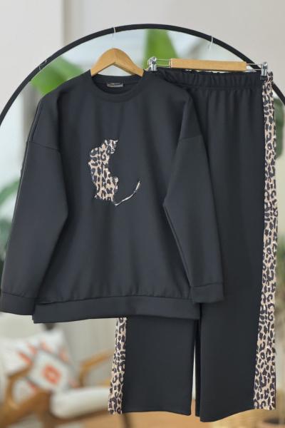 Leopar Desen ikili Takım Siyah EF30554
