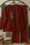 Leopar Desen ikili Takım Bordo  EF30554