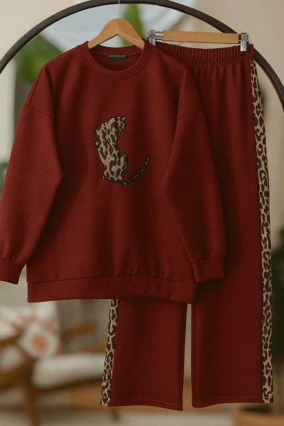 Leopar Desen ikili Takım Bordo  EF30554