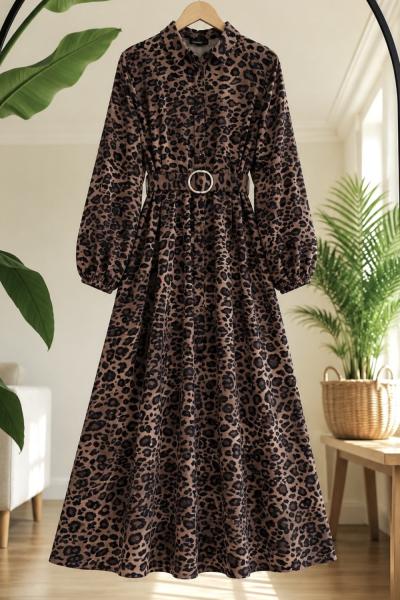 Leopar Desenli kemerli boydan düğmeli Elbise  KAHVE UMS50256