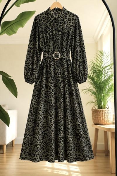Leopar Desenli kemerli boydan düğmeli Elbise YEŞİL UMS50256