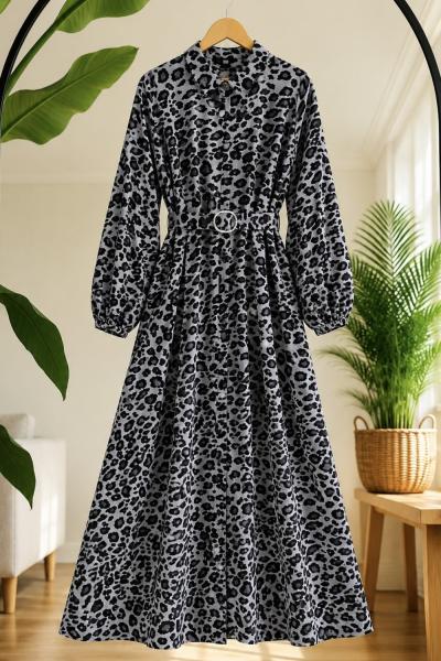 Leopar Desenli kemerli boydan düğmeli Elbise GRİ UMS50256