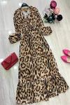 Leopar Desen Astarlı Şifon Elbise BEJ 653