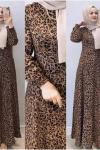 Leopar desenli Viskon Elbise Kahve  Gly887