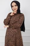 Leopar desenli Viskon Elbise Kahve  Gly887