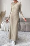 Likralı uzun örgülü triko Elbise Bej SLT30195