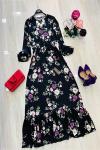 Lila Çiçek Desenli Elbise Siyah UMS666