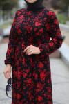 Lila Çiçekli Kadife Elbise Kırmızı Hbs782