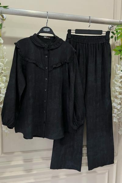 Lina Yaka Ve Ön fırfırlı Takım Siyah UMS50238