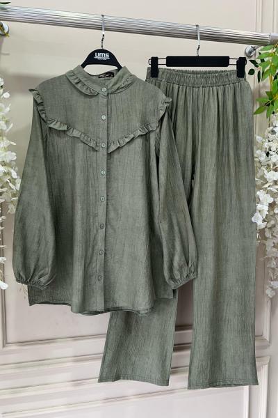 Lina Yaka Ve Ön fırfırlı Takım Yeşil UMS50238