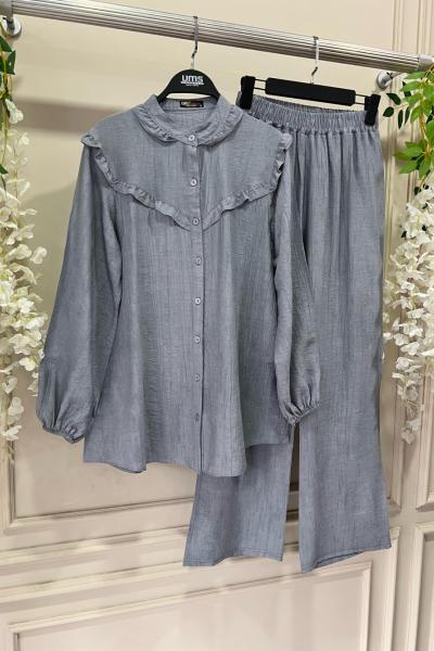 Lina Yaka Ve Ön fırfırlı Takım Gri UMS50238