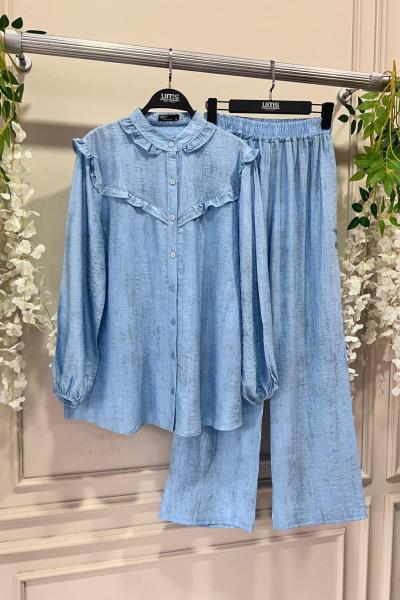 Lina Yaka Ve Ön fırfırlı Takım Bebe mavi UMS50238