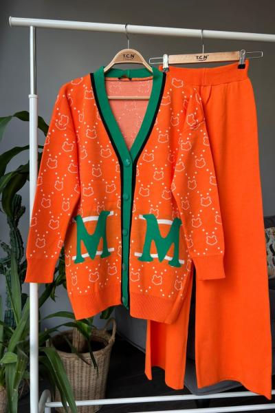 M yazılı hırkalı Triko takım turuncu-yeşil TCN4010