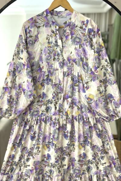 Mango çiçekli yarım patlı Elbise Lila UMS50288